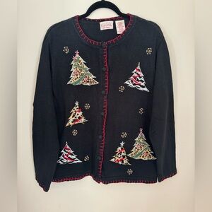 Vintage Basic Editions Christmas Sweater Women’s XL Black Embroidered Trees